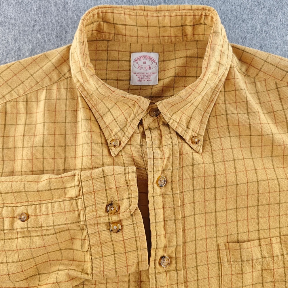 Brooks Brothers Brooksflannel Button Down Shirt Mens XL Yellow Plaid Wool Blend